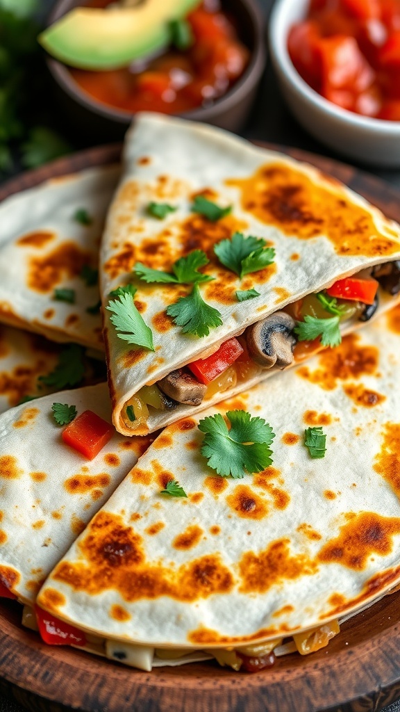 Vegetable quesadilla with bell peppers, onions, and mushrooms, served with salsa and guacamole.